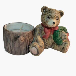 Teddy Bear Figurine Candle Holder Christmas Holiday Wreath